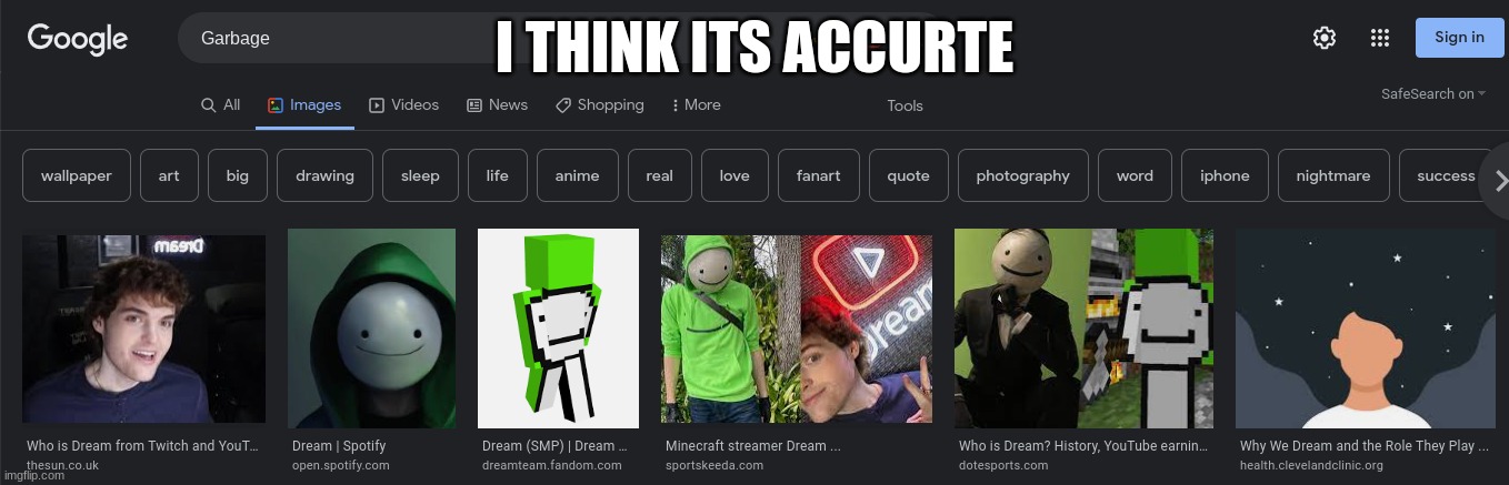 Its is accurate | I THINK ITS ACCURTE | image tagged in funny memes,dream,garbage | made w/ Imgflip meme maker