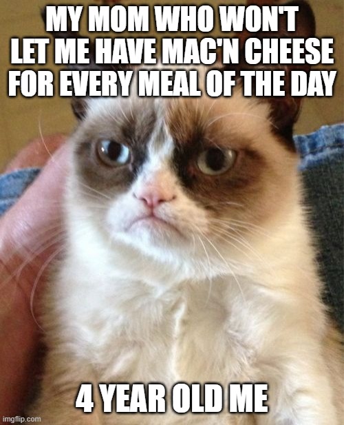 Grumpy Cat | MY MOM WHO WON'T LET ME HAVE MAC'N CHEESE FOR EVERY MEAL OF THE DAY; 4 YEAR OLD ME | image tagged in memes,grumpy cat | made w/ Imgflip meme maker