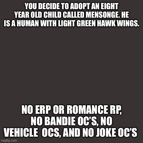 Blank Transparent Square | YOU DECIDE TO ADOPT AN EIGHT YEAR OLD CHILD CALLED MENSONGE. HE IS A HUMAN WITH LIGHT GREEN HAWK WINGS. NO ERP OR ROMANCE RP, NO BANDIE OC’S, NO VEHICLE  OCS, AND NO JOKE OC’S | image tagged in memes,blank transparent square | made w/ Imgflip meme maker