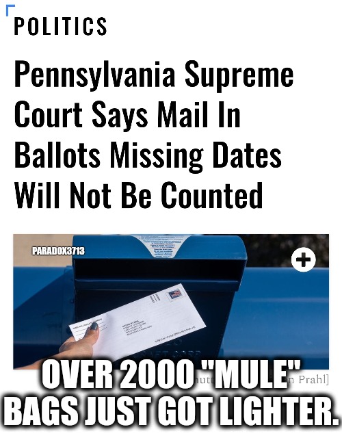 Fake ballot managers just recalled people back to work. | PARADOX3713; OVER 2000 "MULE" BAGS JUST GOT LIGHTER. | image tagged in memes,politics,democrats,republicans,pennsylvania,election | made w/ Imgflip meme maker