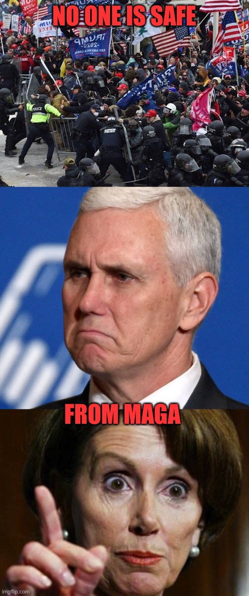 NO ONE IS SAFE FROM MAGA | image tagged in cop-killer maga right wing capitol riot january 6th,mike pence,nancy pelosi no spending problem | made w/ Imgflip meme maker