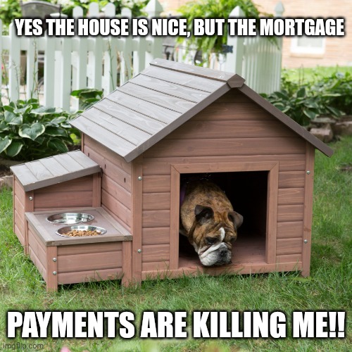 Dog House | YES THE HOUSE IS NICE, BUT THE MORTGAGE; PAYMENTS ARE KILLING ME!! | image tagged in dog house | made w/ Imgflip meme maker