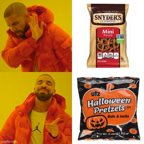 idk why but the Halloween pretzels taste so much better | image tagged in memes,drake hotline bling,halloween,oh wow are you actually reading these tags | made w/ Imgflip meme maker