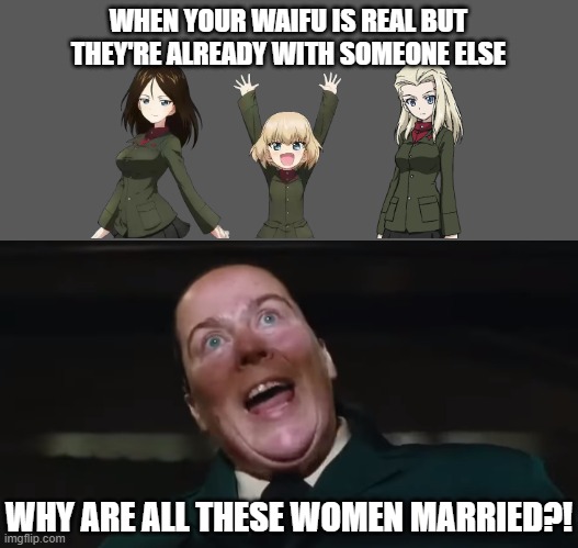 "Why are all these Women mARriEd?!" | WHEN YOUR WAIFU IS REAL BUT THEY'RE ALREADY WITH SOMEONE ELSE; WHY ARE ALL THESE WOMEN MARRIED?! | image tagged in girls und panzer | made w/ Imgflip meme maker