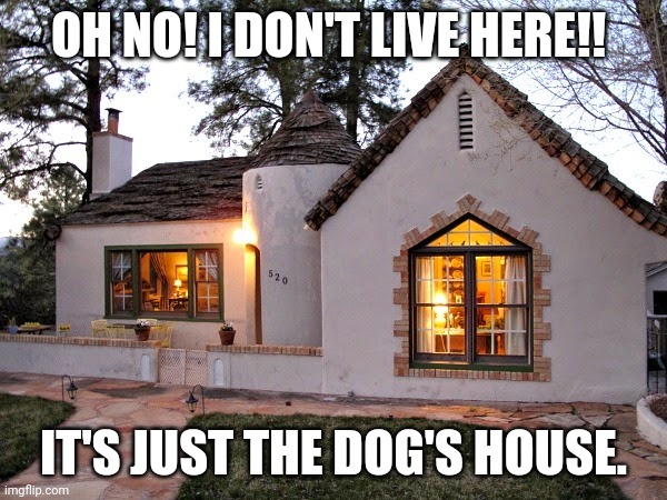 Dog's house | OH NO! I DON'T LIVE HERE!! IT'S JUST THE DOG'S HOUSE. | image tagged in house | made w/ Imgflip meme maker