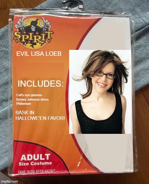 Spirit Halloween | EVIL LISA LOEB; INCLUDES:; Cat's eye glasses
Betsey Johnson dress
Plutonium; BASK IN HALLOWE'EN FAVOR! | image tagged in spirit halloween | made w/ Imgflip meme maker