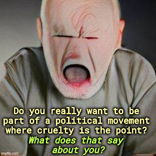 Never mind the other guy. What kind of person are you? | Do you really want to be part of a political movement where cruelty is the point? What does that say 
about you? | image tagged in qanon,maga,extreme,right wing,conservative,cruel | made w/ Imgflip meme maker