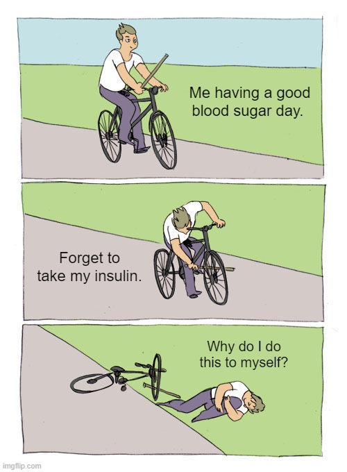 Diabetics be like | Me having a good blood sugar day. Forget to take my insulin. Why do I do this to myself? | image tagged in memes,bike fall | made w/ Imgflip meme maker