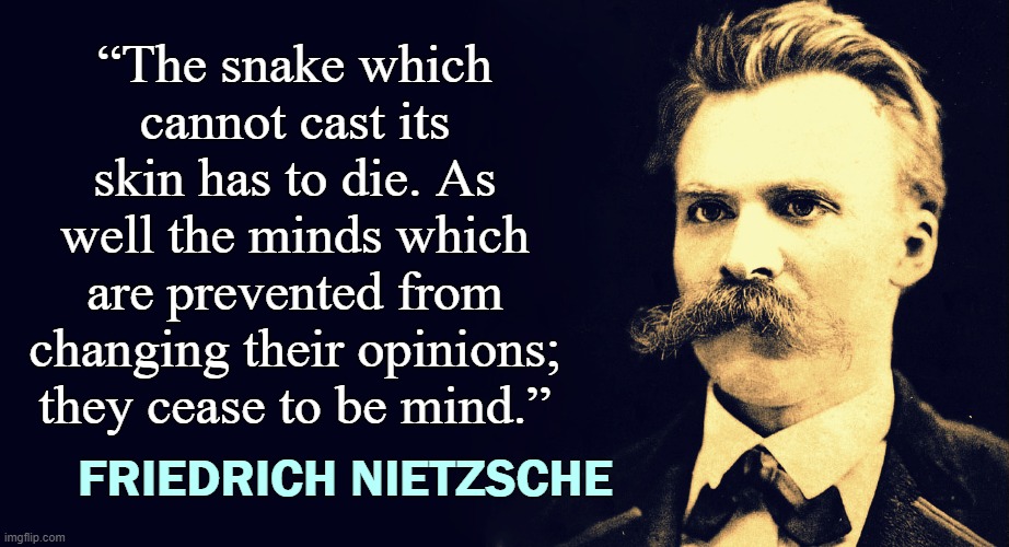 Nietzsche | “The snake which cannot cast its skin has to die. As well the minds which are prevented from changing their opinions; they cease to be mind.”; FRIEDRICH NIETZSCHE | image tagged in nietzsche,philosophy,philosopher,existentialism | made w/ Imgflip meme maker