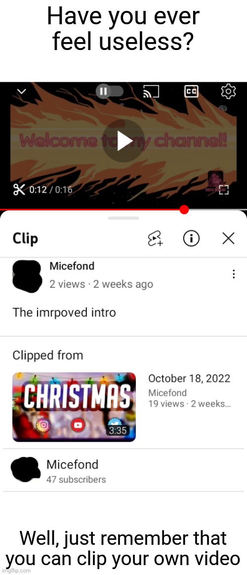 You can clip your own video | Have you ever feel useless? Well, just remember that you can clip your own video | image tagged in youtube,memes,funny | made w/ Imgflip meme maker