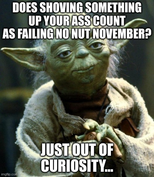 Star Wars Yoda Meme | DOES SHOVING SOMETHING UP YOUR ASS COUNT AS FAILING NO NUT NOVEMBER? JUST OUT OF CURIOSITY... | image tagged in memes,star wars yoda | made w/ Imgflip meme maker