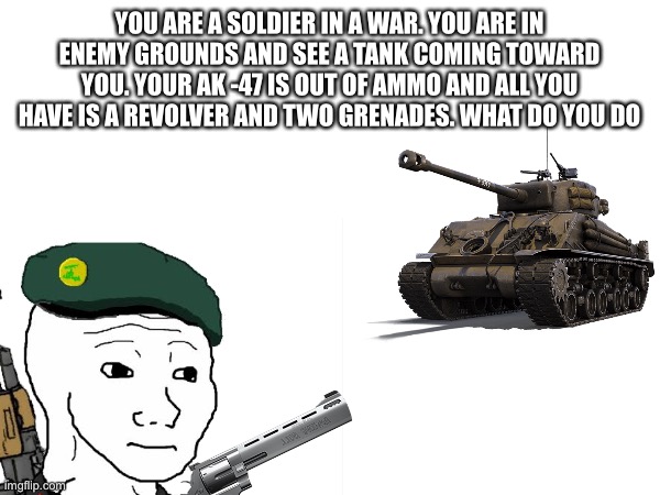 My rp | YOU ARE A SOLDIER IN A WAR. YOU ARE IN ENEMY GROUNDS AND SEE A TANK COMING TOWARD YOU. YOUR AK -47 IS OUT OF AMMO AND ALL YOU HAVE IS A REVOLVER AND TWO GRENADES. WHAT DO YOU DO | image tagged in roleplaying,war | made w/ Imgflip meme maker