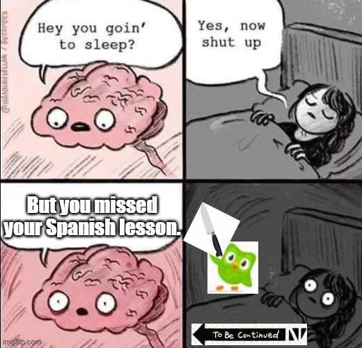 That is why you don't miss your Spanish lessons. | But you missed your Spanish lesson. | image tagged in waking up brain,duolingo,spanish,lesson | made w/ Imgflip meme maker