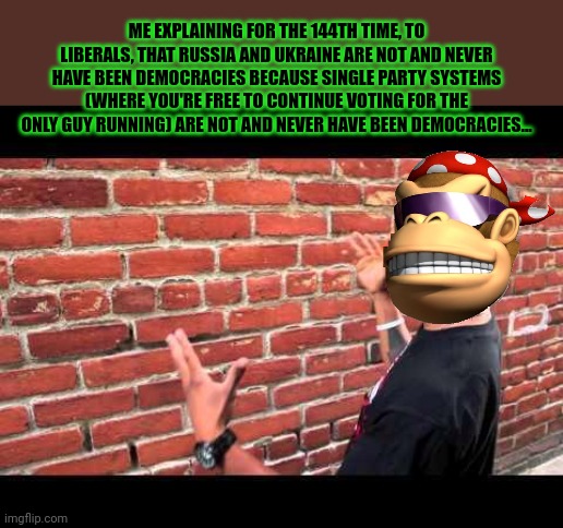 Brick wall guy | ME EXPLAINING FOR THE 144TH TIME, TO LIBERALS, THAT RUSSIA AND UKRAINE ARE NOT AND NEVER HAVE BEEN DEMOCRACIES BECAUSE SINGLE PARTY SYSTEMS  | image tagged in brick wall guy | made w/ Imgflip meme maker