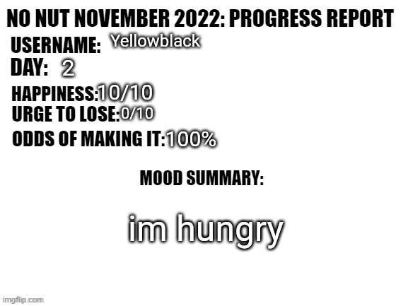 No Nut November 2022: Progress Report | Yellowblack; 2; 10/10; 0/10; 100%; im hungry | image tagged in no nut november 2022 progress report | made w/ Imgflip meme maker