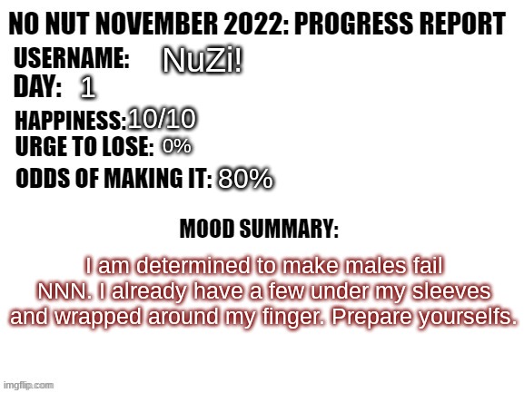 >:3 | NuZi! 1; 10/10; 0%; 80%; I am determined to make males fail NNN. I already have a few under my sleeves and wrapped around my finger. Prepare yourselfs. | image tagged in no nut november 2022 progress report | made w/ Imgflip meme maker
