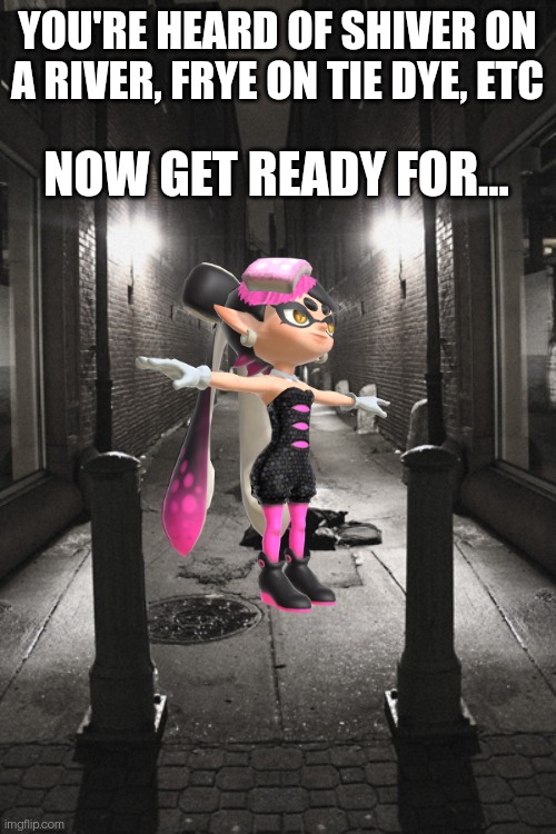 I'll come up with a Marie one soon | YOU'RE HEARD OF SHIVER ON A RIVER, FRYE ON TIE DYE, ETC; NOW GET READY FOR... | image tagged in dark alley | made w/ Imgflip meme maker