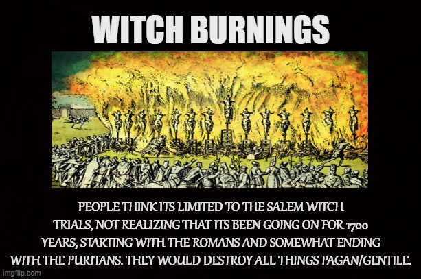 Pagan Witches | WITCH BURNINGS; PEOPLE THINK ITS LIMITED TO THE SALEM WITCH TRIALS, NOT REALIZING THAT ITS BEEN GOING ON FOR 1700 YEARS, STARTING WITH THE ROMANS AND SOMEWHAT ENDING WITH THE PURITANS. THEY WOULD DESTROY ALL THINGS PAGAN/GENTILE. | image tagged in witch,pagan,salem witch trials,gentile,witchcraft,inquisition | made w/ Imgflip meme maker