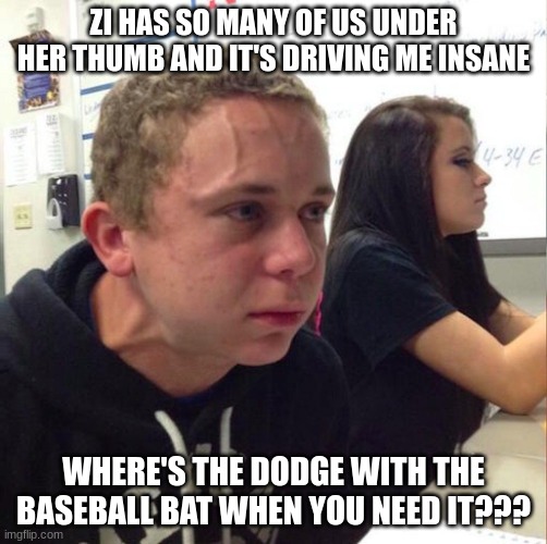 angery boi | ZI HAS SO MANY OF US UNDER HER THUMB AND IT'S DRIVING ME INSANE; WHERE'S THE DODGE WITH THE BASEBALL BAT WHEN YOU NEED IT??? | made w/ Imgflip meme maker