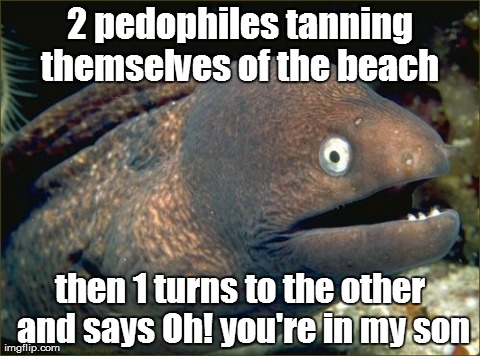 2 pedos | 2 pedophiles tanning themselves of the beach  then 1 turns to the other and says Oh! you're in my son | image tagged in memes,bad joke eel | made w/ Imgflip meme maker