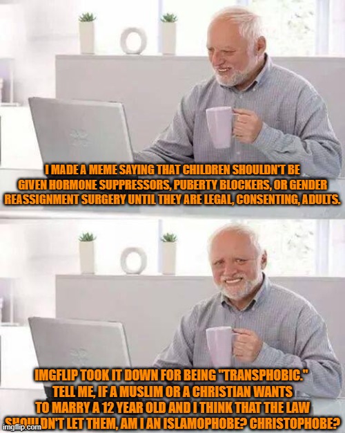 Apparently children don't matter. Culture war cannon fodder for spoiled, trendy, rich white women. Eunuchs. Fixed pets. Slaves. | I MADE A MEME SAYING THAT CHILDREN SHOULDN'T BE GIVEN HORMONE SUPPRESSORS, PUBERTY BLOCKERS, OR GENDER REASSIGNMENT SURGERY UNTIL THEY ARE LEGAL, CONSENTING, ADULTS. IMGFLIP TOOK IT DOWN FOR BEING "TRANSPHOBIC." 
TELL ME, IF A MUSLIM OR A CHRISTIAN WANTS TO MARRY A 12 YEAR OLD AND I THINK THAT THE LAW SHOULDN'T LET THEM, AM I AN ISLAMOPHOBE? CHRISTOPHOBE? | image tagged in memes,hide the pain harold | made w/ Imgflip meme maker