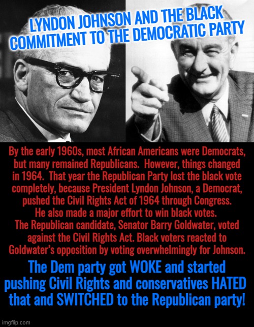 this is how the SWITCH happened! | The Dem party got WOKE and started
pushing Civil Rights and conservatives HATED 
that and SWITCHED to the Republican party! | image tagged in political,party,switch,what the hell happened here,deal with it,knowledge is power | made w/ Imgflip meme maker