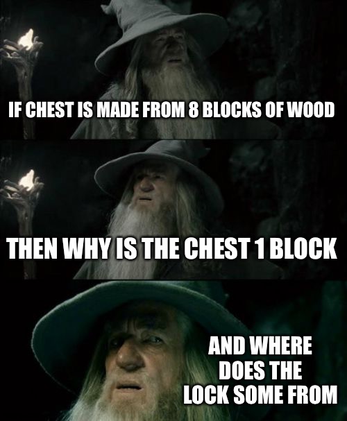 Moinceraft | IF CHEST IS MADE FROM 8 BLOCKS OF WOOD; THEN WHY IS THE CHEST 1 BLOCK; AND WHERE DOES THE LOCK SOME FROM | image tagged in memes,confused gandalf,minecraft | made w/ Imgflip meme maker