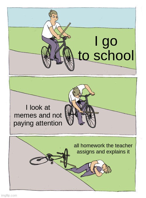 All the time | I go to school; I look at memes and not paying attention; all homework the teacher assigns and explains it | image tagged in memes,bike fall | made w/ Imgflip meme maker