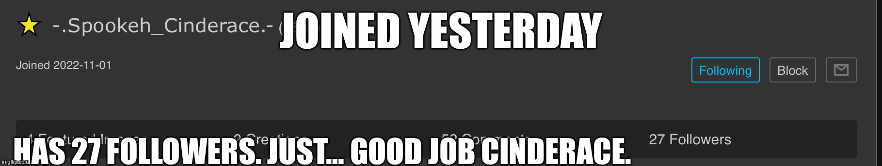 JOINED YESTERDAY; HAS 27 FOLLOWERS. JUST… GOOD JOB CINDERACE. | image tagged in memes | made w/ Imgflip meme maker