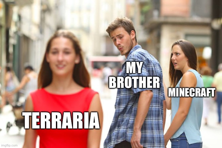 Distracted Boyfriend | MY
BROTHER; MINECRAFT; TERRARIA | image tagged in memes,distracted boyfriend | made w/ Imgflip meme maker