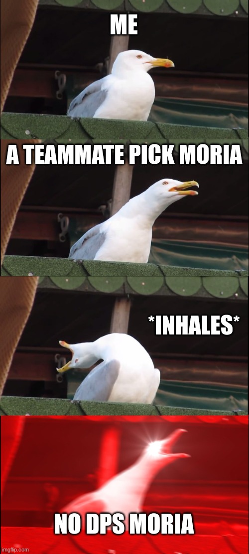 help | ME; A TEAMMATE PICK MORIA; *INHALES*; NO DPS MORIA | image tagged in memes,inhaling seagull | made w/ Imgflip meme maker