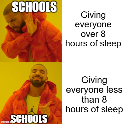 Drake Hotline Bling | SCHOOLS; Giving everyone over 8 hours of sleep; Giving everyone less than 8 hours of sleep; SCHOOLS | image tagged in memes,drake hotline bling | made w/ Imgflip meme maker