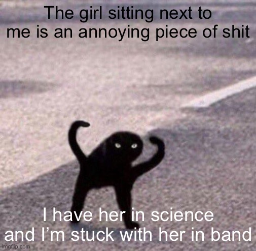 Cursed cat temp | The girl sitting next to me is an annoying piece of shit; I have her in science and I’m stuck with her in band | image tagged in cursed cat temp | made w/ Imgflip meme maker