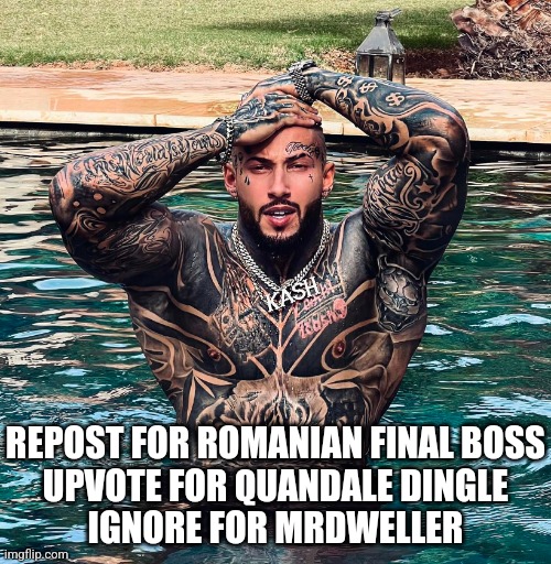 r | REPOST FOR ROMANIAN FINAL BOSS
UPVOTE FOR QUANDALE DINGLE
IGNORE FOR MRDWELLER | image tagged in romanian final boss,quandale dingle,mr dweller | made w/ Imgflip meme maker