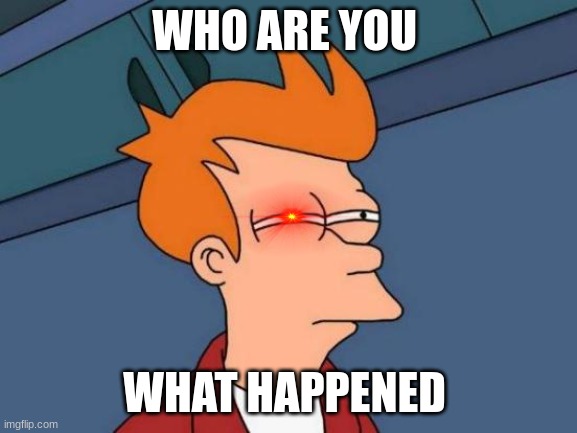 Futurama Fry | WHO ARE YOU; WHAT HAPPENED | image tagged in memes,futurama fry | made w/ Imgflip meme maker