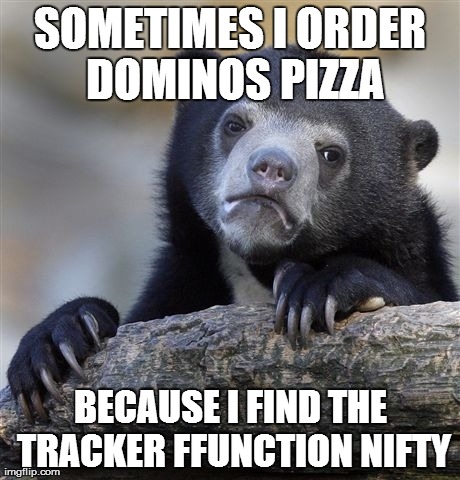 Confession Bear | SOMETIMES I ORDER DOMINOS PIZZA BECAUSE I FIND THE TRACKER FFUNCTION NIFTY | image tagged in memes,confession bear | made w/ Imgflip meme maker