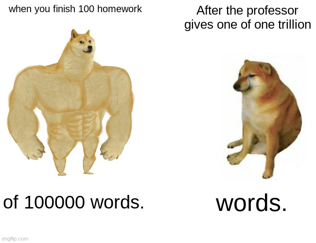 homework... | when you finish 100 homework; After the professor gives one of one trillion; of 100000 words. words. | image tagged in memes,buff doge vs cheems | made w/ Imgflip meme maker