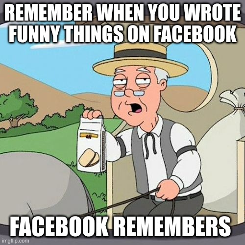 Facebook Remembers | REMEMBER WHEN YOU WROTE FUNNY THINGS ON FACEBOOK; FACEBOOK REMEMBERS | image tagged in memes,pepperidge farm remembers,facebook,posting,jokes | made w/ Imgflip meme maker