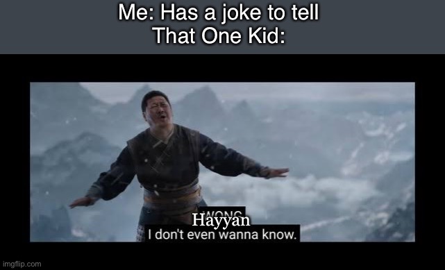 No joke today! | Me: Has a joke to tell
That One Kid:; Hayyan | image tagged in i don't even wanna know | made w/ Imgflip meme maker