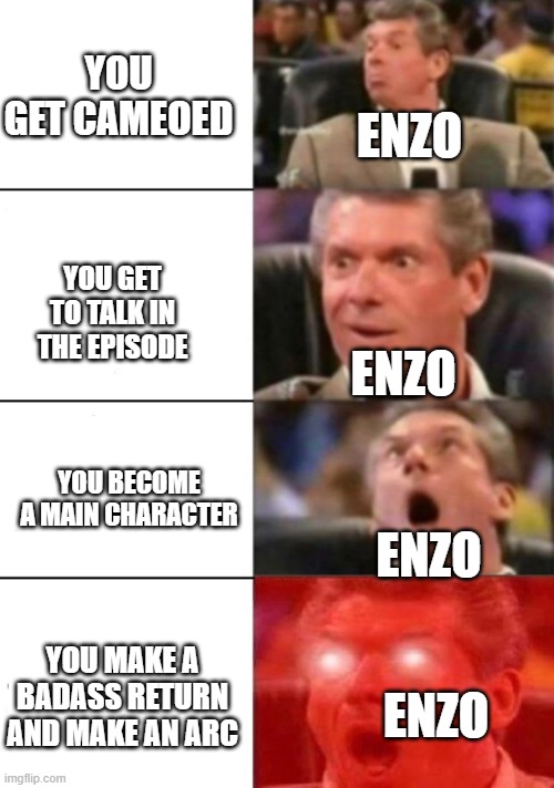 He's from smg4 and I miss him | YOU GET CAMEOED; ENZO; YOU GET TO TALK IN THE EPISODE; ENZO; YOU BECOME A MAIN CHARACTER; ENZO; YOU MAKE A BADASS RETURN AND MAKE AN ARC; ENZO | image tagged in hype guy,smg4,roprinplup14,enzo | made w/ Imgflip meme maker