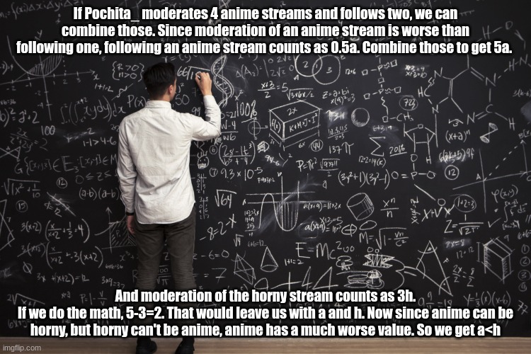 Math | If Pochita_ moderates 4 anime streams and follows two, we can combine those. Since moderation of an anime stream is worse than following one | image tagged in math | made w/ Imgflip meme maker