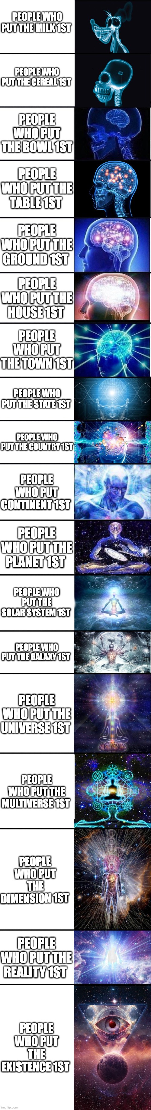 well you know how it goes | PEOPLE WHO PUT THE MILK 1ST; PEOPLE WHO PUT THE CEREAL 1ST; PEOPLE WHO PUT THE BOWL 1ST; PEOPLE WHO PUT THE TABLE 1ST; PEOPLE WHO PUT THE GROUND 1ST; PEOPLE WHO PUT THE HOUSE 1ST; PEOPLE WHO PUT THE TOWN 1ST; PEOPLE WHO PUT THE STATE 1ST; PEOPLE WHO PUT THE COUNTRY 1ST; PEOPLE WHO PUT CONTINENT 1ST; PEOPLE WHO PUT THE PLANET 1ST; PEOPLE WHO PUT THE SOLAR SYSTEM 1ST; PEOPLE WHO PUT THE GALAXY 1ST; PEOPLE WHO PUT THE UNIVERSE 1ST; PEOPLE WHO PUT THE MULTIVERSE 1ST; PEOPLE WHO PUT THE DIMENSION 1ST; PEOPLE WHO PUT THE REALITY 1ST; PEOPLE WHO PUT THE EXISTENCE 1ST | image tagged in expanding brain 9001 | made w/ Imgflip meme maker