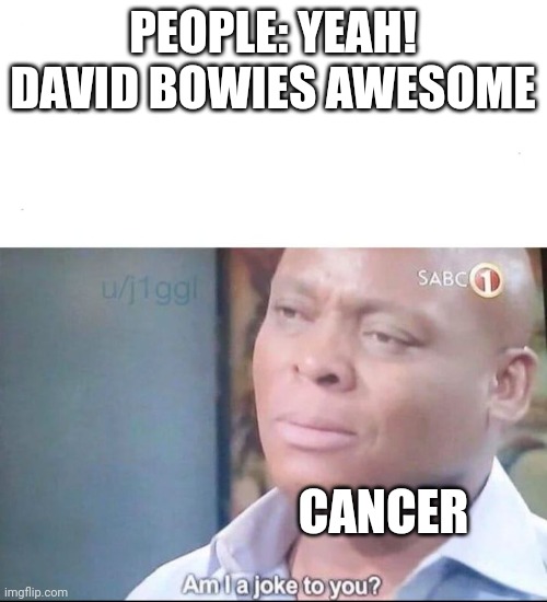 how he died | PEOPLE: YEAH! DAVID BOWIES AWESOME; CANCER | image tagged in am i a joke to you,cancer,funny,david bowie | made w/ Imgflip meme maker