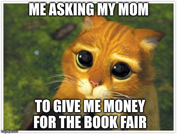 Shrek Cat Meme | ME ASKING MY MOM; TO GIVE ME MONEY  FOR THE BOOK FAIR | image tagged in memes,shrek cat | made w/ Imgflip meme maker