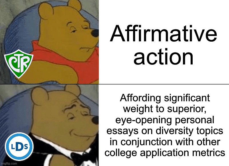How the woke globalist elite will continue shoving affirmative action down the throats of hardworking Americans despite SCOTUS. | Affirmative action; Affording significant weight to superior, eye-opening personal essays on diversity topics in conjunction with other college application metrics | image tagged in memes,tuxedo winnie the pooh,affirmative action,c,r,t | made w/ Imgflip meme maker