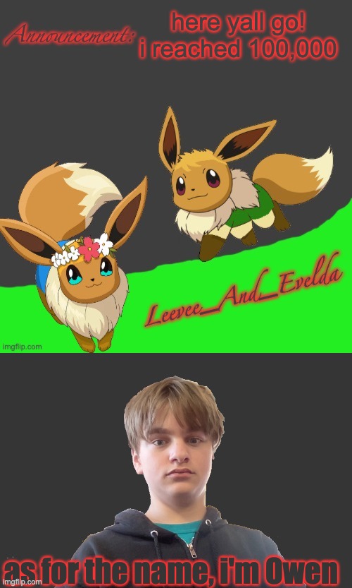 srry, i did my best to remove the background | here yall go! i reached 100,000; as for the name, i'm Owen | image tagged in leevee_and_evelda temp | made w/ Imgflip meme maker