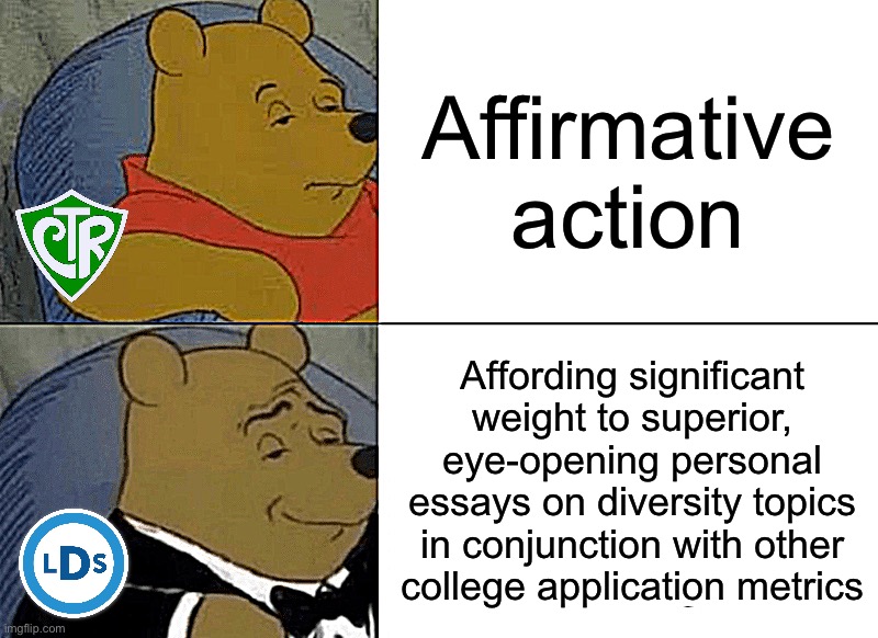 Tuxedo Winnie The Pooh | Affirmative action; Affording significant weight to superior, eye-opening personal essays on diversity topics in conjunction with other college application metrics | image tagged in memes,tuxedo winnie the pooh | made w/ Imgflip meme maker