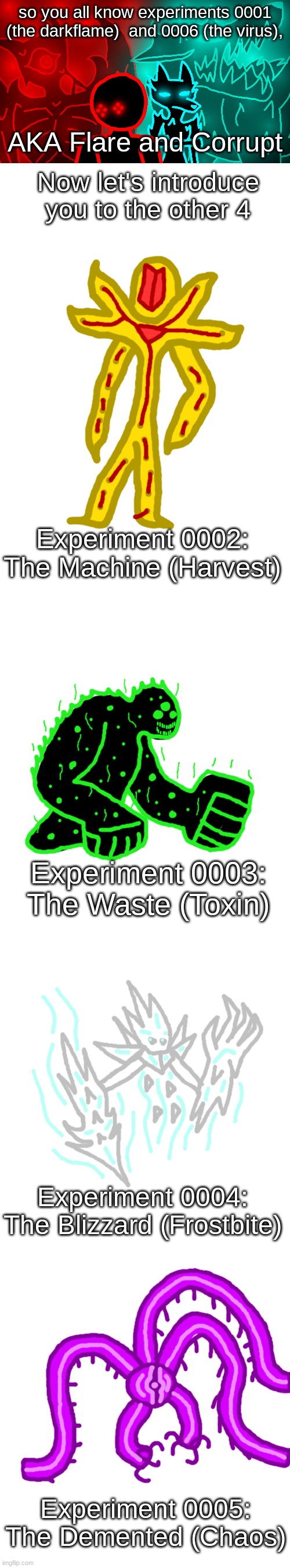 so you all know experiments 0001 (the darkflame)  and 0006 (the virus), AKA Flare and Corrupt; Now let's introduce you to the other 4; Experiment 0002: The Machine (Harvest); Experiment 0003: The Waste (Toxin); Experiment 0004: The Blizzard (Frostbite); Experiment 0005: The Demented (Chaos) | image tagged in shoulder corrupt | made w/ Imgflip meme maker