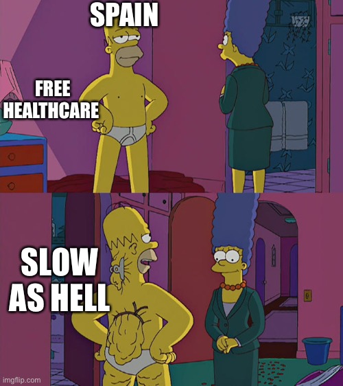 Homer Simpson's Back Fat | FREE HEALTHCARE; SPAIN; SLOW AS HELL | image tagged in homer simpson's back fat,spain,memes,funny | made w/ Imgflip meme maker