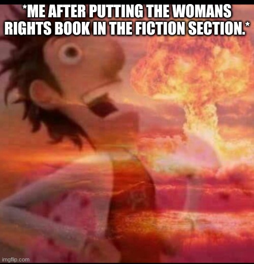 HAHAHAHAHA | *ME AFTER PUTTING THE WOMANS RIGHTS BOOK IN THE FICTION SECTION.* | image tagged in mushroomcloudy | made w/ Imgflip meme maker